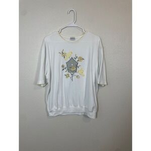 BonWorth Womens XL Birdhouse Embroidered Top White Short Sleeve Vintage Good